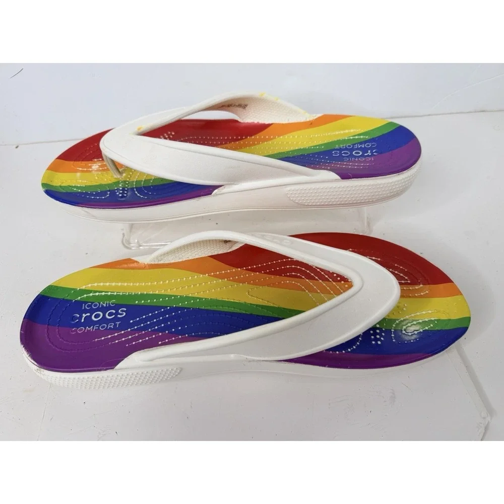 Crocs Iconic Comfort Rainbow Flip Flops White Men's Size 11 Pride Sandals